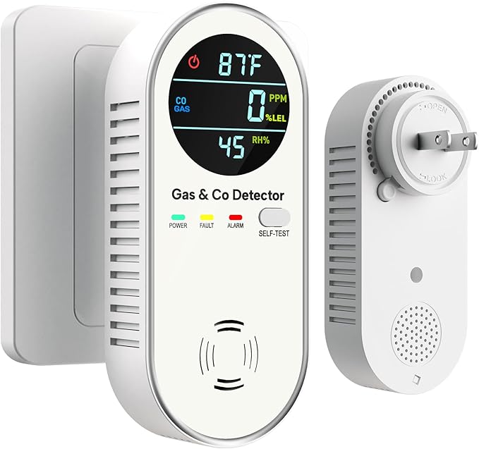 4-in-1 Natural Gas Leak Detector & Carbon Monoxide Detectors - Carbon Monoxide Detectors Plug in - Natural, Propane, Co & Gas Detector, Temperature & Humidity Detectors for Home, RV (White)