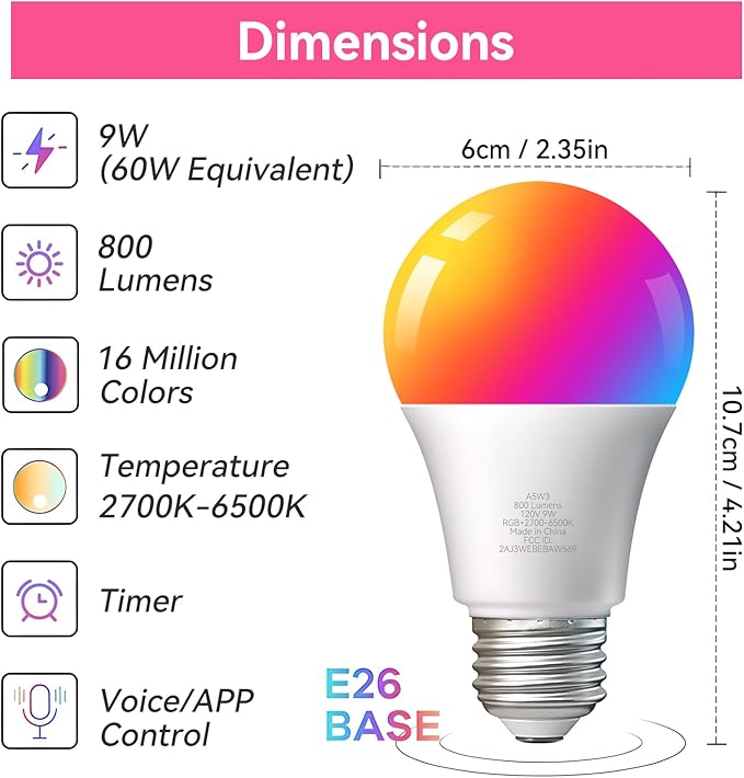TJOY Smart WiFi Led Bulbs 9W(60W Equivalent), Compatible with Alexa&Google Assistant,Color Changing Light Bulb, A19 E26 800LM(2.4Ghz only),6 Pack