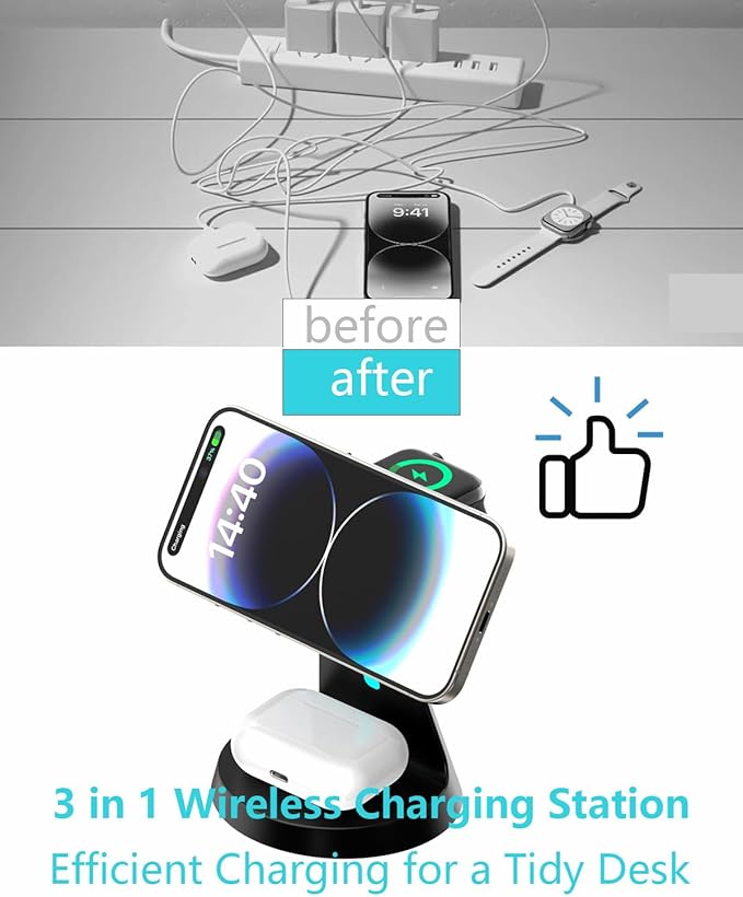 Wireless Charger Compatible with Mag-Safe,3 in 1 Charging Station for iPhone16/15/14/13/12 Series, Apple Watch,AirPods,15W Fast Charging (USB-C Adapter Included)