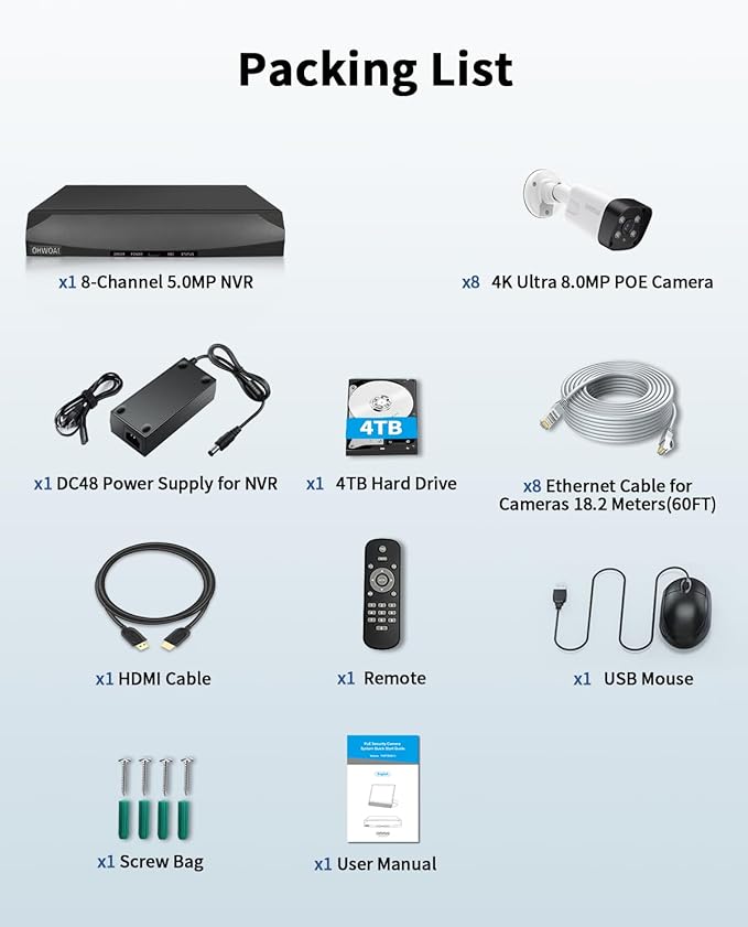 《130°Wide Angle & 100ft Night Vision》Outdoor Security Camera System, IP Wired Cameras, 4K Video Surveillance Systems for Home, Surveillance DVR Kits
