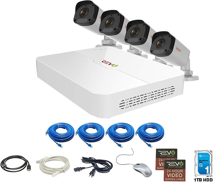 REVO America Ultra HD 4 Ch. 1TB HDD IP NVR Video Security System, 4 x 1080P Bullet Security Cameras - Remote Access Via Smart Phone, Tablet, PC & MAC (RU41B4E-1T)