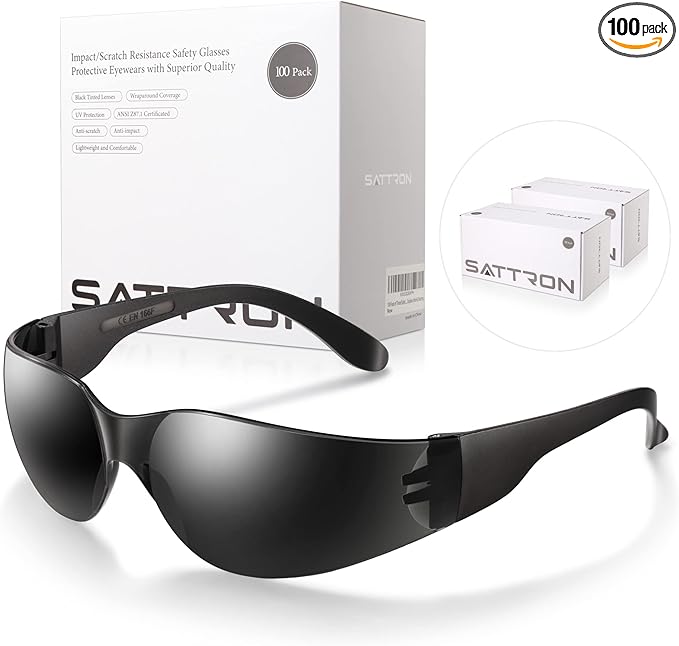 100 Pack of Tinted Safety Glasses, Scratch & Impact Resistant Protective Eyewear, Ploycarbonate Dark Smoke Lenses for UV Protection, Safety Sunglasses for Construction, Outdoor Work & Shooting