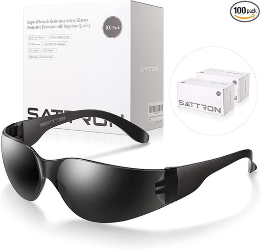 100 Pack of Tinted Safety Glasses, Scratch & Impact Resistant Protective Eyewear, Ploycarbonate Dark Smoke Lenses for UV Protection, Safety Sunglasses for Construction, Outdoor Work & Shooting