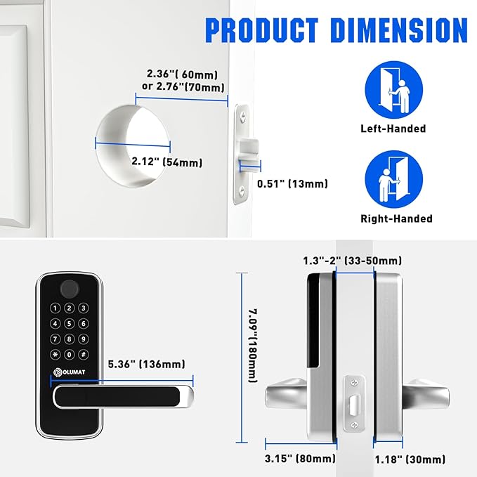 Smart Door Lock with WiFi Gateway, Keyless Entry Door Lock with Handle - Smart Locks for Front Door with Keypad - Fingerprint Locks with App Control - Auto Lock