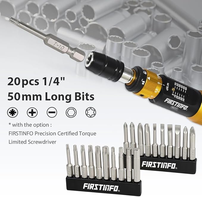 FIRSTINFO H5199D Screwdriver Bit Set | S2 Alloy Steel | 1/4" Hex Head 50mm Long, 20 Pieces with Phillips Hex Star Flat and PZ