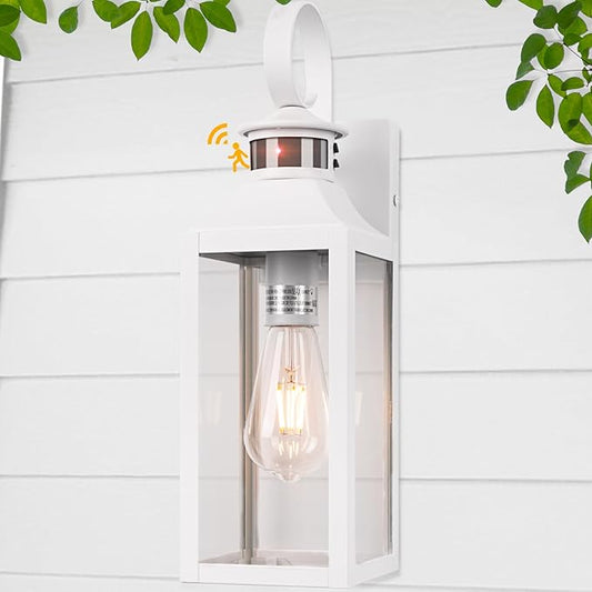White Motion Sensor Outdoor Light, 16" Dusk to Dawn Outdoor Lighting, Exterior Wall Sconce Waterproof, Large Outside Lamps for House, Modern Wall Mount Porch Lanterns 3 Modes