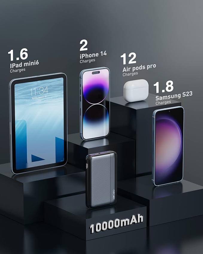 Power Bank 10000mAh, Portable Charger with Built-in Cables, 22.5W PD Fast Charging for iPhone & Android Devices, Ultra-Compact Travel Essential, Pocket-Sized Design-Black