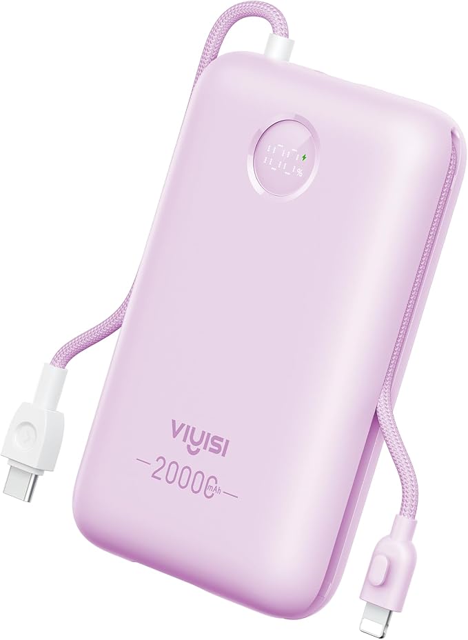 Portable Charger 20000mAh 30W Fast Charging, Power Bank with Built-in Cables & LED Display, USB C Battery Pack for iPhone 16/15/14, Samsung, iPad and Android Phones, Ideal for Travel -Purple