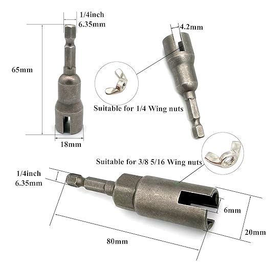 2 Pcs 1/4" 5/16" 3/8" Wing Nut Driver Wing Nut Drill Bit Socket Wrenches 1/4 inch Hexagon Head Drill Driver Bits for Panel Nuts Screws Eye C Hook Bolt