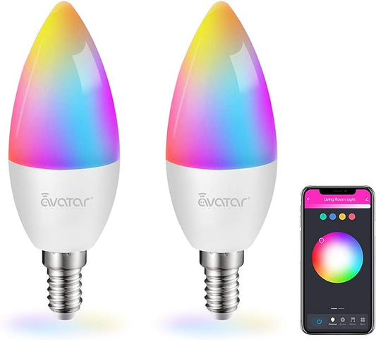 2 Pack E12 LED Light Bulb Compatible w/Google Siri Alexa Light Bulb 5W Type B Smart Bulb RGBCW 16 Million Color Changing Bulb 2.4G WiFi B11 Candelabra Bombillos Work w/Smart Life AvatarControls APP