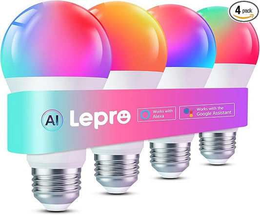 Lepro B2 AI Smart Light Bulbs - 1100LM WiFi & Bluetooth RGBWW Color Changing LED Bulb, Works with Alexa & Google Assistant, AI Generated Lighting, AI Voice Control, Music Sync, 2.4GHz Only, 4 Pack