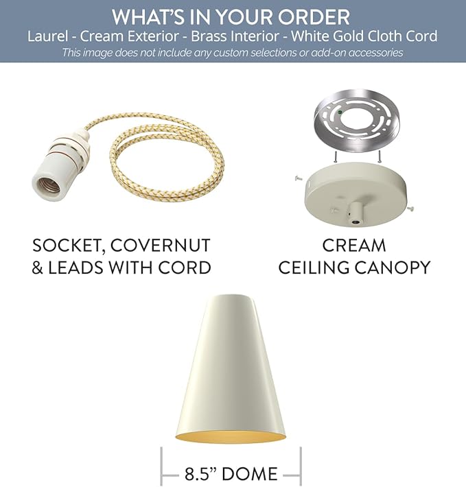 Steel Lighting Co. Laurel Pendant Light | Ceiling Mounted | 8.5 inch Cone Shade | Modern Contemporary Farmhouse Style Made in America | White Gold Cloth Cord | Cream Exterior/Brass Interior