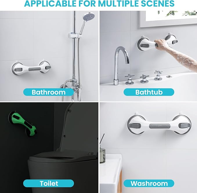 TAILI Shower Grab Bar Glow in The Dark, 2 Pack 12.2 in Grab Bars for Bathtubs and Showers,Shower Handles Shower Rails for Seniors and Elderly,Bathroom Safety Grip Removable No Drilling Waterproof Grey