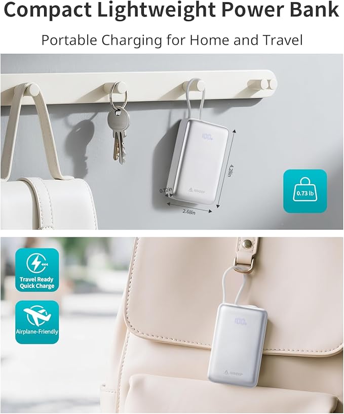 Portable Charger, 10000mAh 30W PD Fast Charging Power Bank with USB C Cable, Travel Essential Portable Battery with Phone Stand, for iPhone 16/15/14/13, iPad, AirPods, Galaxy