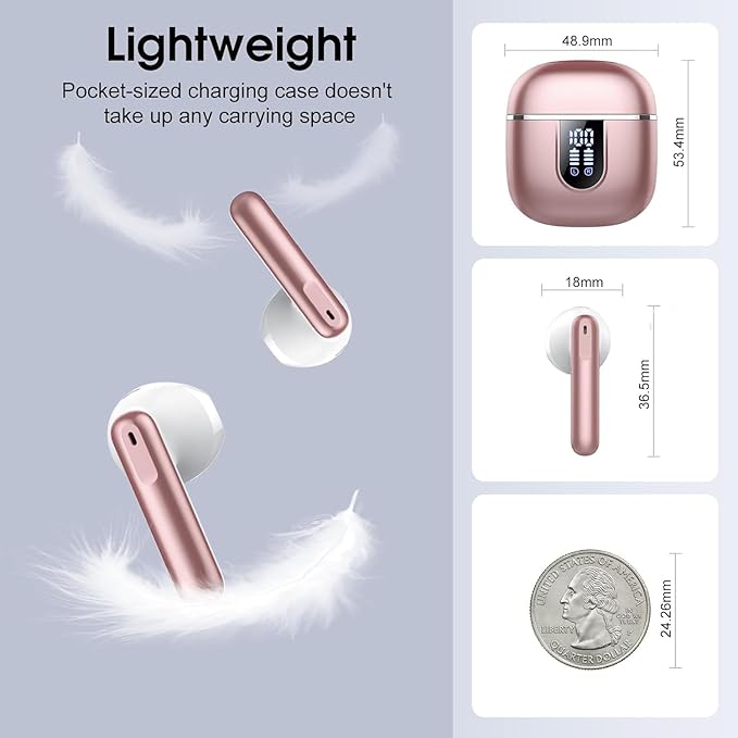 Wireless Earbuds, Bluetooth 5.4 Headphones with 3D Bass Stereo, 40H Ultralight in-Ear Buds, Bluetooth Earbuds with 4 ENC Noise Cancelling Mic, USB-C, IP7 Waterproof Earphones for Android iOS, Rose
