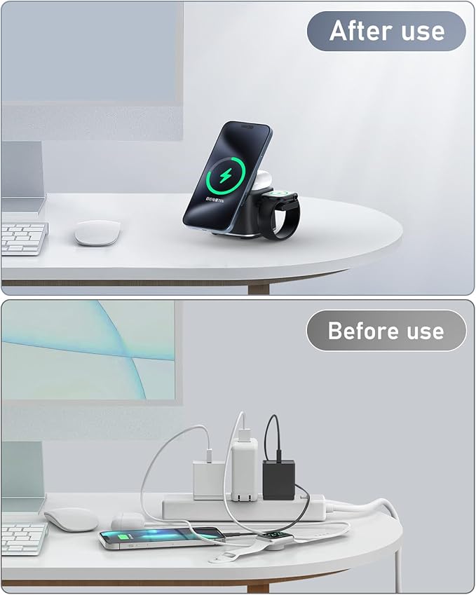 3 in 1 Charging Station for Apple Devices, Charger Stand for MagSafe, Qi2 15W Wireless Charging Station for Apple Watch& iPhone & AirPods& iWatch (with PD 30W Adapter)
