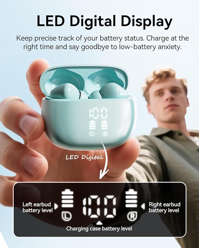 Wireless Earbuds, Bluetooth Ear Buds Headphones with LED Charging Case, Deep Bass Stereo Sound, 40 Hours Playtime, IP7, Lightweight in-Ear Earphones for iPhone Android Sports Workout