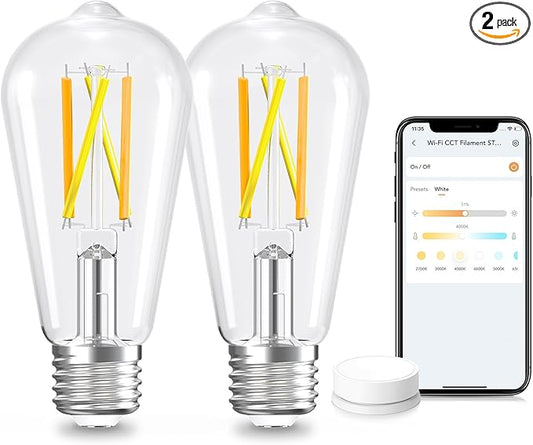 Linkind Smart Edison Bulbs, 2700K-6500K Tunable WiFi Edison Bulbs with Remote Control, 8W 60W Equivalent Dimmable ST19(ST58) Vintage Light Bulbs 800lm, Compatible with Alexa & Google Home, 2-Pack