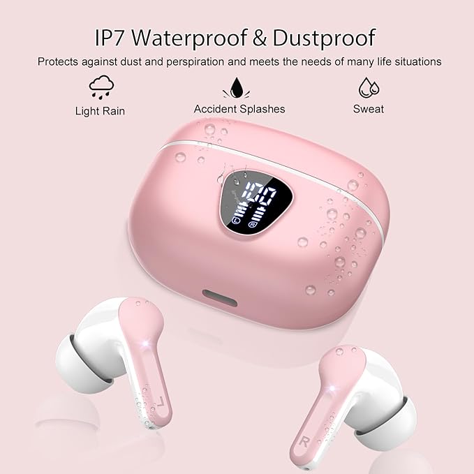 Wireless Earbuds, Bluetooth 5.4 Headphones HiFi Stereo, Bluetooth Earbuds with ENC Noise Cancelling Mic, IP7 Waterproof in Ear Earphones, 48H, LED Display Ear buds for Pad Phone Workout Sports, Pink