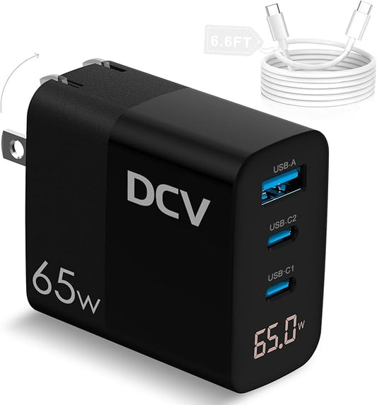 DCV 65W USB C Charger with 6.6ft C to C Cable, GaN 3-Port Fast Charging Block with LED Digital Display, PD/PPS/QC 3.0 Foldable Wall Charger for Laptops, MacBook, iPhone 15, Galaxy S23/S22, Note 20/10