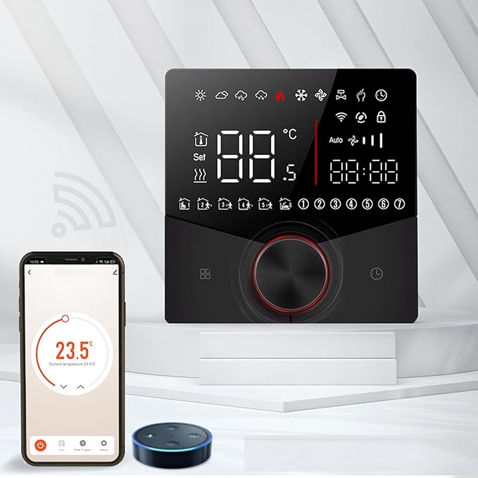 Underfloor Digital Heating Thermostat with Color Display Touch Screen, Smart Programmable Thermostat for Home Room Heating Floor (Black)