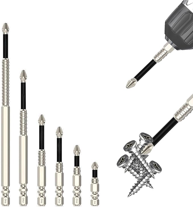 HUHAO 6Pcs High Magnetic Screwdriver Drill Bit Set, K5 Impact-Resistant and Nonslip Bit, Anti Slip Screwdriver Bits for Dry Wall, Sheetrock, Electric Drills - High Magnetic Strength & High Hardnes
