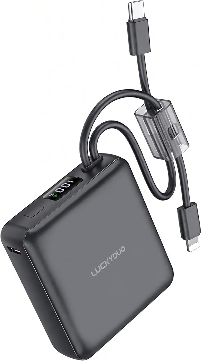 LUCKYDUO Small Portable Charger, Fast charging 22.5W Slim Power Bank 10000mAh with Built-in Cables, LED Display USB-C Mini Battery Pack Travel Essential, Compatible with iPhone, Samsung,Android, White