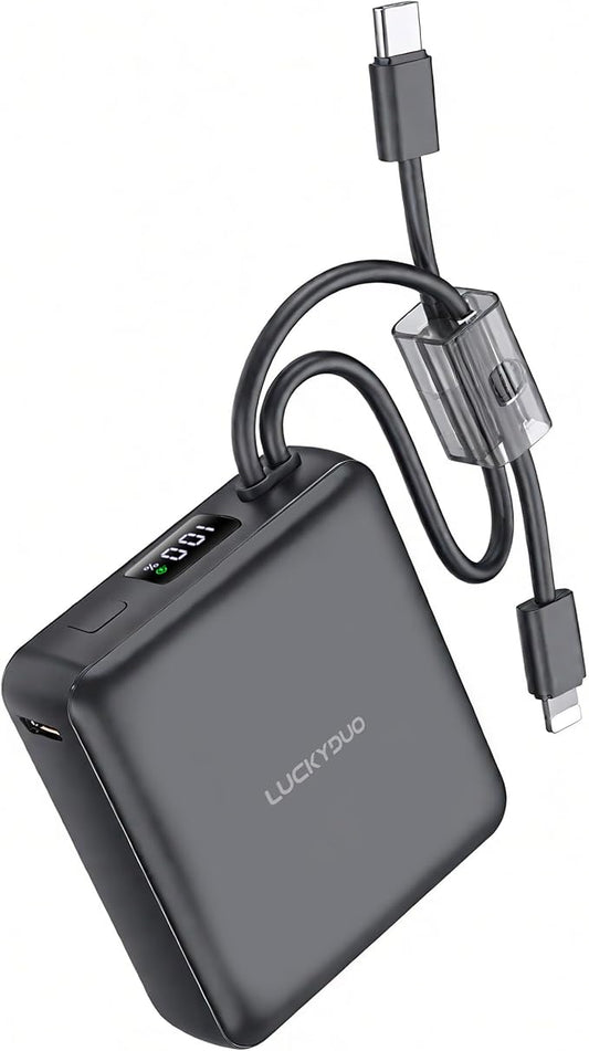 LUCKYDUO Small Portable Charger, Fast charging 22.5W Slim Power Bank 10000mAh with Built-in Cables, LED Display USB-C Mini Battery Pack Travel Essential, Compatible with iPhone, Samsung,Android, White