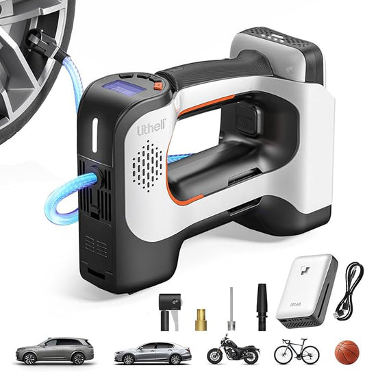 Litheli Cordless Air Compressor, 20V Portable Air Compressor, 3 Nozzle Adapters, 150 PSI, Tire Pump for Car, Bike, Sport Ball, Battery Tire Inflator, with 2.0 Ah U-Battery