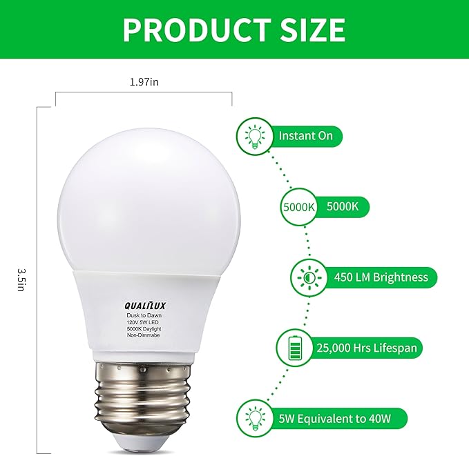 A15 Small Dusk to Dawn Light Bulbs Outdoor 450LM, Daylight, 5W=40W, Auto On/Off Non-Dimmable Replacement LED Bulb for String Lights, Porch, Patio, Garden, E26 Base, 4-Pack, HQ-H031
