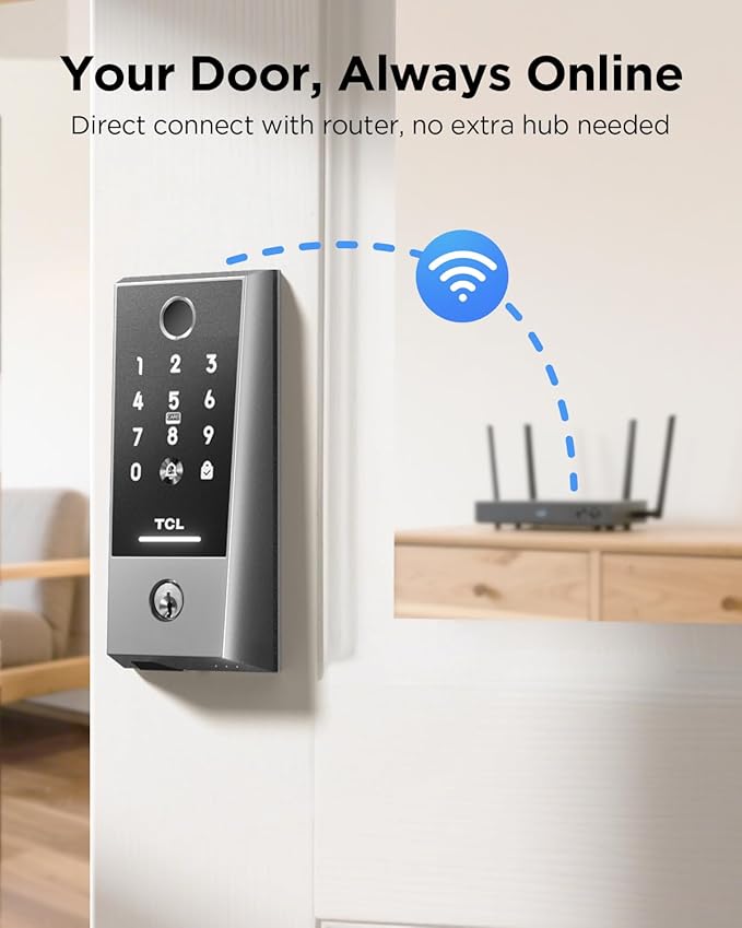 TCL D2 Plus Smart Lock, Fingerprint Door Lock, Built-in Doorbell & Wi-Fi, No Hub Needed, Keyless Entry Electronic Deadbolt for Front Door, Compatiable with Alexa&Google Assistant, Auto Lock