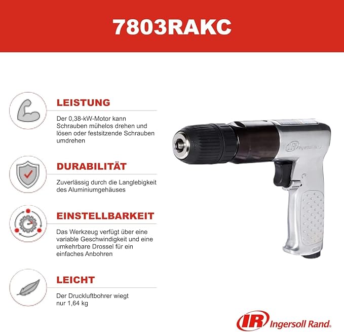 Ingersoll Rand 7803RAKC 1/2" Keyless Chuck Air Drill, 500 RPM, 0.5 HP, 10.6in-lb Torque, Pistol
