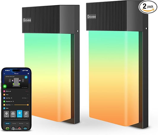 Govee Outdoor Wall Light, 1500LM Smart RGBIC Porch Lights Outdoor with 45 Scene Modes, IP65 Waterproof for Outdoor Decor, DIY Lighting Effects, Works with Alexa, Google Assistant and Matter, 2 Pack