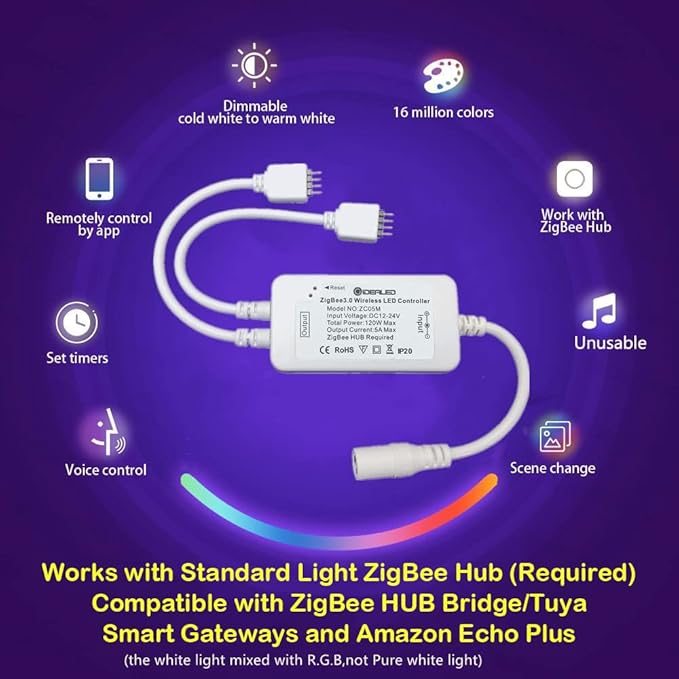 GIDERWEL Smart ZigBee 32.8ft RGB LED Strip Lights Dimmable Kit with ZigBee 3.0 Controller Work with ZigBee Hub Bridge Echo Plus for APP/Voice Control Ambiance Lighting Alexa LED Strips