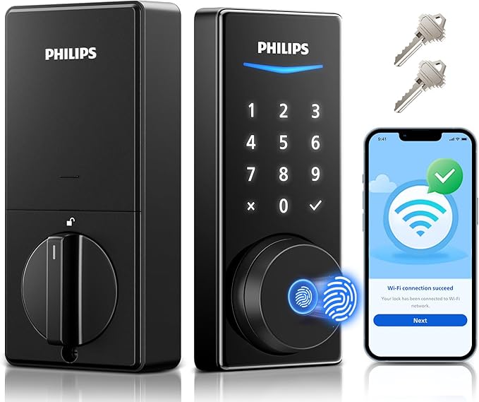 Philips Built-in WiFi Smart Lock, Keyless Entry Door Lock with App, Touchscreen, Indicator Light, Fingerprint Door Lock — Works with Alexa & Google, Splash-Proof Design, Includes 8 Batteries