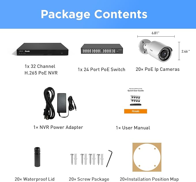 32 Channel Security Camera System 4K, 20pcs 8MP Wired Outdoor Home Surveillance IP PoE Cameras with Human Vehicle Detection, Remote Playback Built-in Mic, 4K 32CH NVR 8TB HDD, PB37F2032-8M