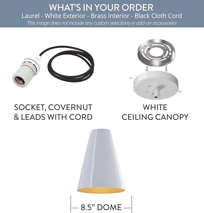 Steel Lighting Co. Laurel Pendant Light | Ceiling Mounted | 8.5 inch Cone Shade | Modern Contemporary Farmhouse Style Made in America | Black Cloth Cord | White Exterior/Brass Interior