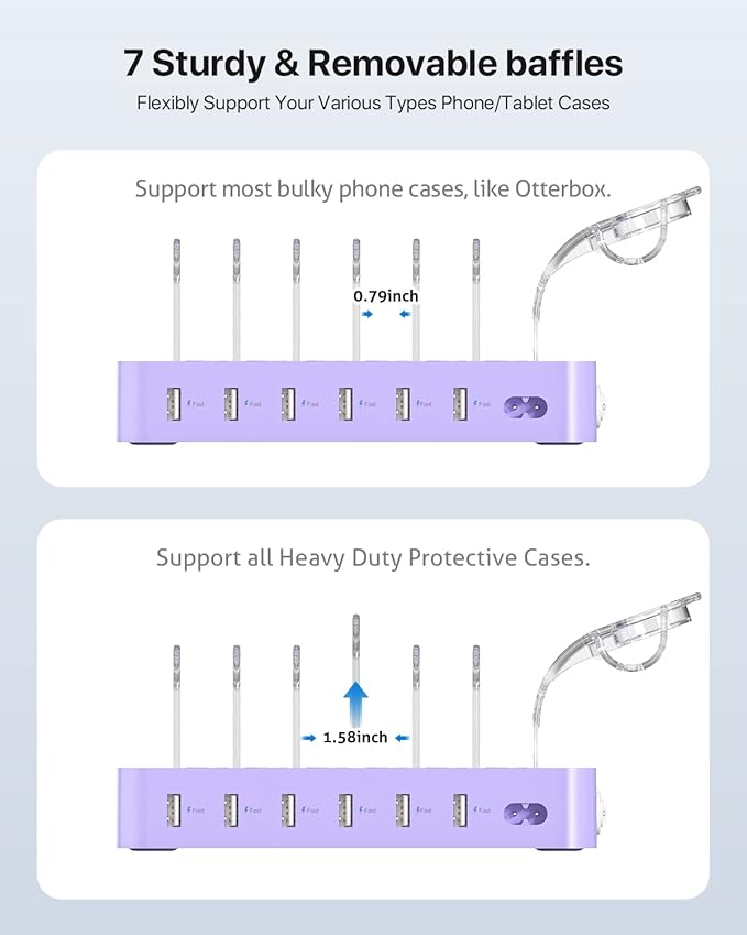 SooPii Premium 6-Port USB Charging Station Organizer for Multiple Devices, 6 Short Charging Cables and One Upgraded i-Watch Charger Holder Included, for Phones,Tablets and Other Electronics, Purple