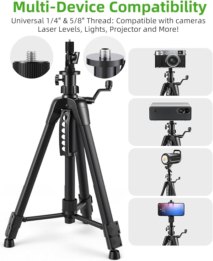 Professional 59 Inch Laser Level Tripod Stand with 1/4“ 5/8” Thread & Angle Adapter, Bubble Level, for Laser Line Leveling, Aluminum Alloy