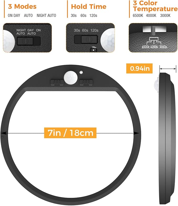 slochi 4Pack Motion Sensor Light Indoor Wired PIR, 3000K/4000K/6500K Closet Lights Motion Sensored, 15W 1500LM 7 in, Timer, Motion Activated Flush Mount Ceiling Light for Hallway Wall Pantry, Black