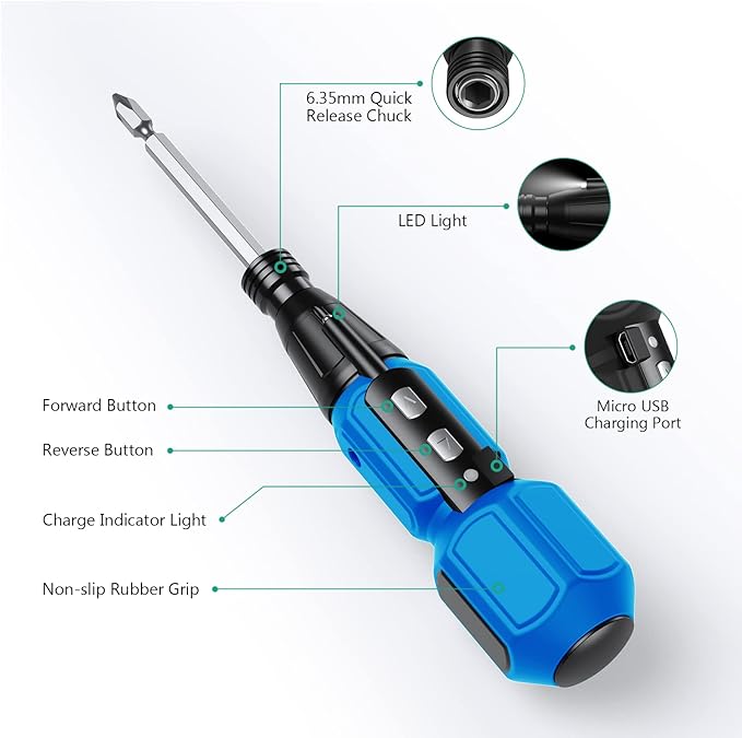 ORIA Electric Screwdriver, Cordless Electric Screwdriver, 12 in 1 Cordless Power Repair Tool Kits with 10 Bits and 1/4 inch Bit Holder, LED Lights, Charging Cable, for Phones,Toys, PC