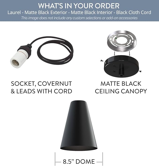 Steel Lighting Co. Laurel Pendant Light | Ceiling Mounted | 8.5 inch Cone Shade | Modern Contemporary Farmhouse Style Made in America | Black Cloth Cord | Matte Black Exterior/Matte Black Interior