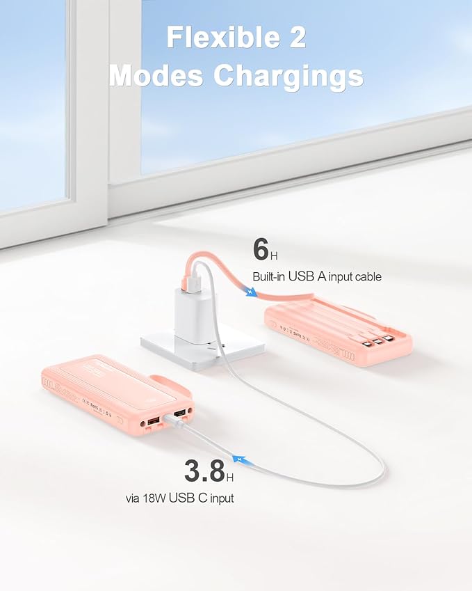 Portable Charger with Built in Cables, Slim 10000mAh Fast Charging 22.5W Power Bank USB C LED Display Battery Pack 6 Outputs & 2 Inputs for iPhone Samsung Pixel LG Moto iPad