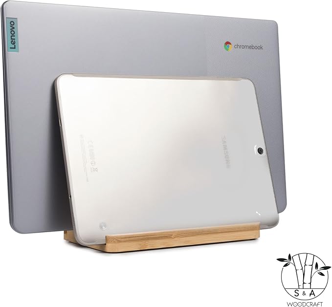 S&A WOODCRAFT 3 Slots Bamboo Wood Vertical Laptop Stand, Adjustable Wooden Laptop Holder, Non-Slip Laptop Dock Compatible with Apple MacBook, Microsoft Surface, Gaming Laptops, IPad, Tablets