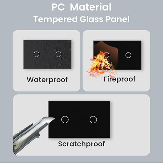 Light Switch No Neutral Wire,Single Live Wire Light Switch No WiFi,Tempered Glass Panel,Total Power Maximum 1000W,FCC Certification,Black 2 Gang