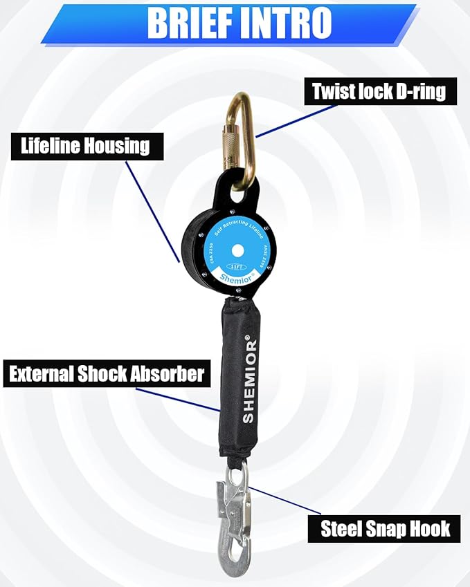 11FT Web Self Retracting Lifeline, Shemior No Tangle Lightweight Housing SRL External Shock Absorber, Self Retractable Safety Lanyard, Fall Arrest Protection PPE Gear, OSHA/ANSI Compliant