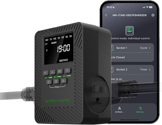 2025 MARS Hydro ITime 2-in-1 Smart Timer Outlet Dual Outlet App Control Custom Programmable 12 On/Off Heavy Duty Plug-in Outlet Timer with Countdown Setting