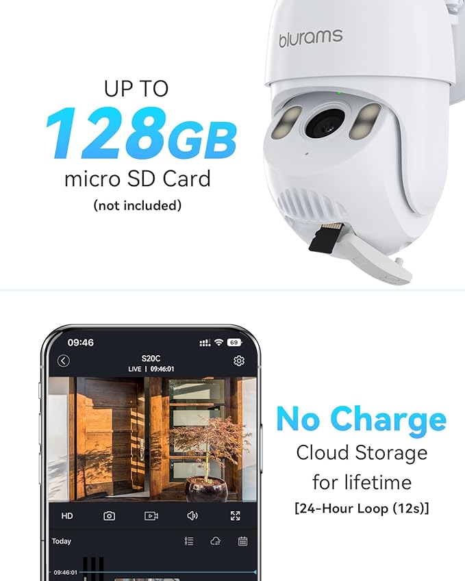 blurams 2K Security Camera Outdoor, 360° PTZ Outside Cameras for Home Security, Color Night Vision, Motion Tracking, Two-Way Audio, IP66, 2.4GHz Camera with 64GB SD Card, Compatible with Alexa
