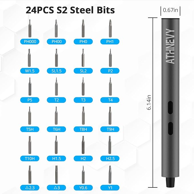 3.7V Mini Precision Electric Screwdriver, Cordless Screwdriver, Max 0.2N.m, 24 Magnetic Bits, USB-C Rechargeable, LED Light, for Phone, Laptop, Camera, DIY Projects, Electronics Repair