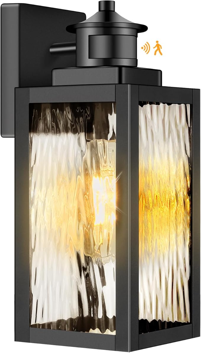 13.6" Motion Sensor Outdoor Wall Sconce Lantern, Exterior Waterproof Wall Lights Fixtures with Water-Rippled Glass, Black Outside Mount Lighting for House, Porch, Garage, Patio, Bulbs Not Included